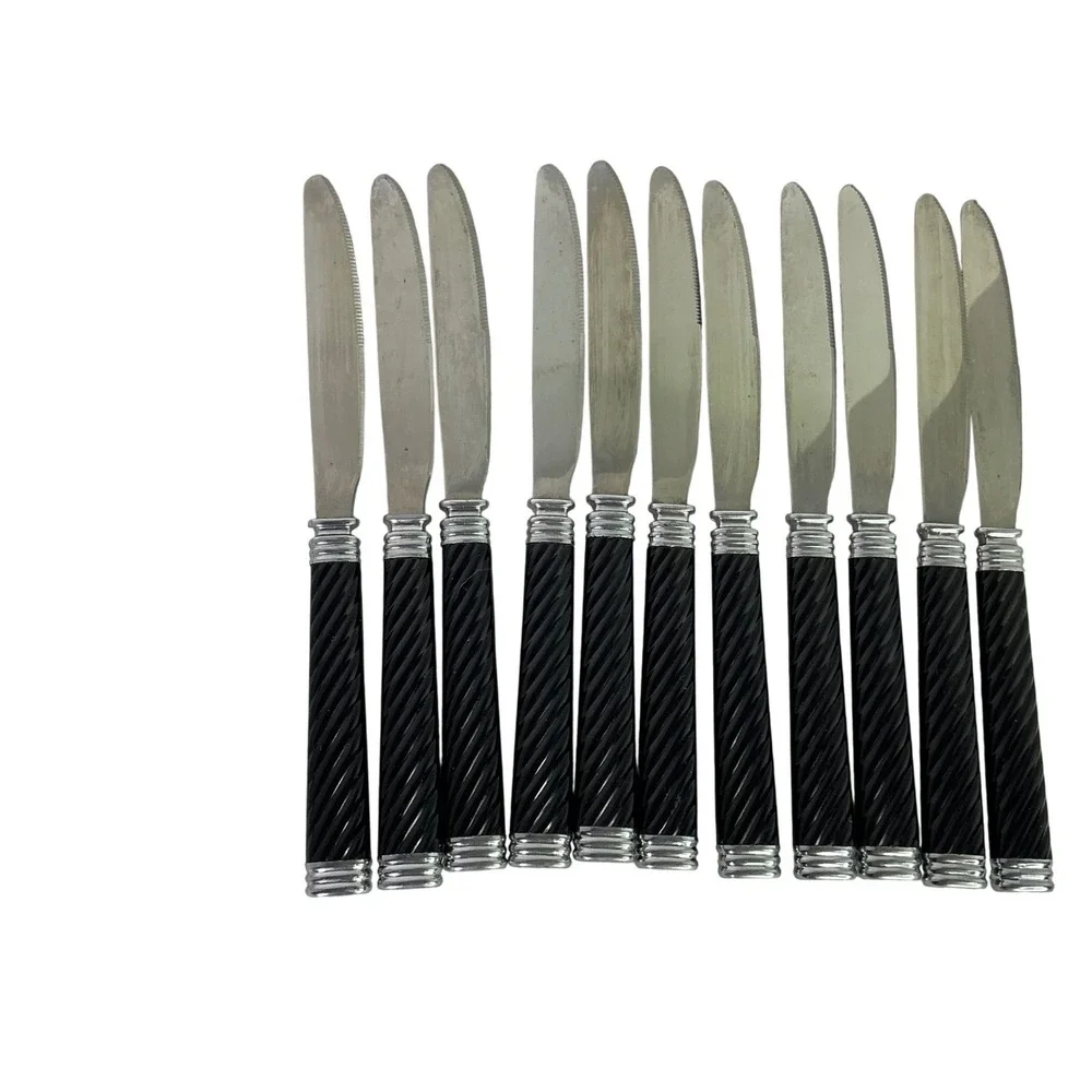 Vtg Stainless Taiwan Black Spiral Handle Flatware Set 30 Knives Forks Spoon MCMs